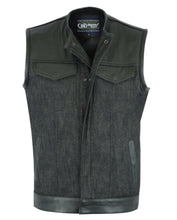 Load image into Gallery viewer, DM901 MEN’S LEATHER/DENIM COMBO VEST WITHOUT COLLAR